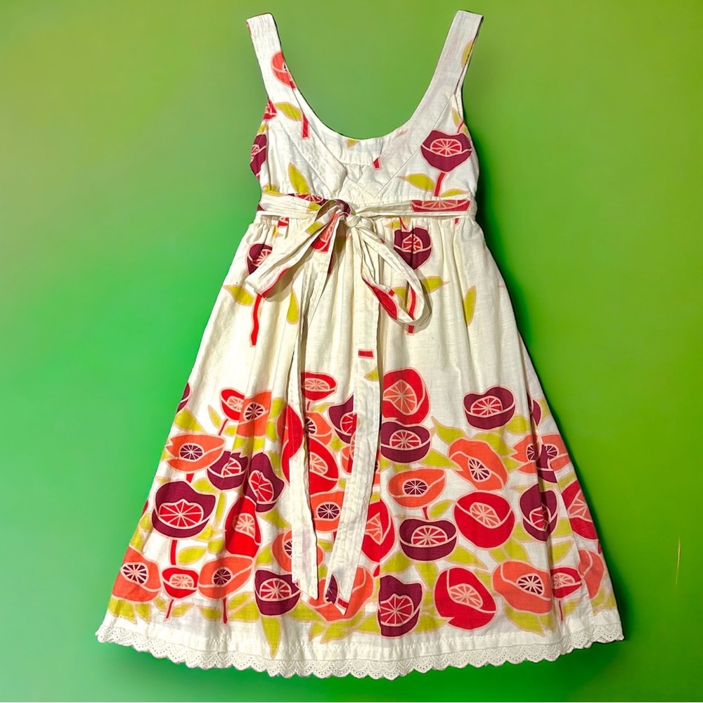 HP Bitten by Sarah Jessica Parker belted poppy sundress, size 8 cream pink green